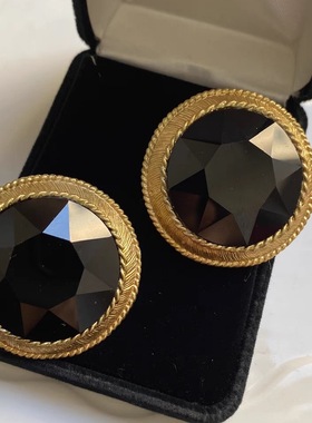 Vtg法产Guy Laroche高定品牌黑色水晶星芒鎏金奢华气质中古耳夹环