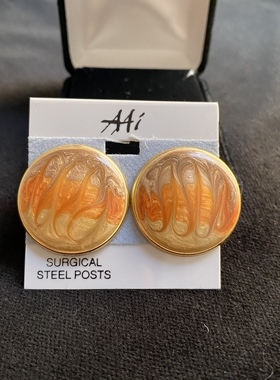 Vintage秋日暮色手工艺术珐琅圆形耳钉防过敏耳环黄昏手绘珐琅