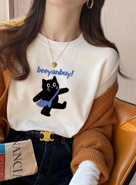 欧货欧洲站女装潮猫咪印花白色纯棉长袖t恤女秋冬新款打底衫内搭