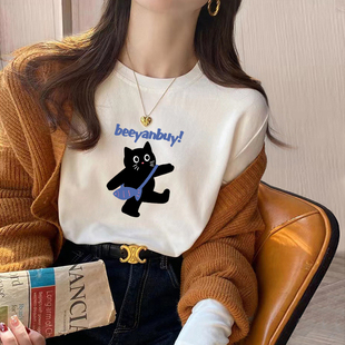 欧货欧洲站女装潮猫咪印花白色纯棉长袖t恤女秋冬新款打底衫内搭