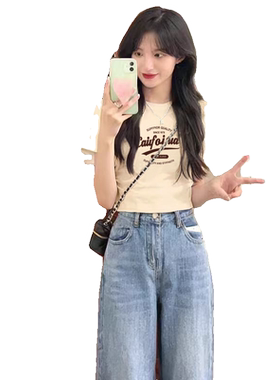 法式小个子杏色短款短袖t恤女洋气卡腰上衣时尚洋气时髦夏季新款