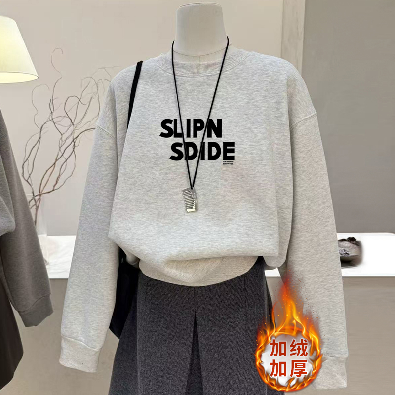 美式复古加绒加圆领灰色卫衣女款无帽秋冬正肩上衣女秋冬2025新款