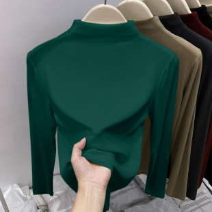 磨毛保暖加厚绿色上衣半高领打底衫 设计感小众 女秋冬别致内搭新款