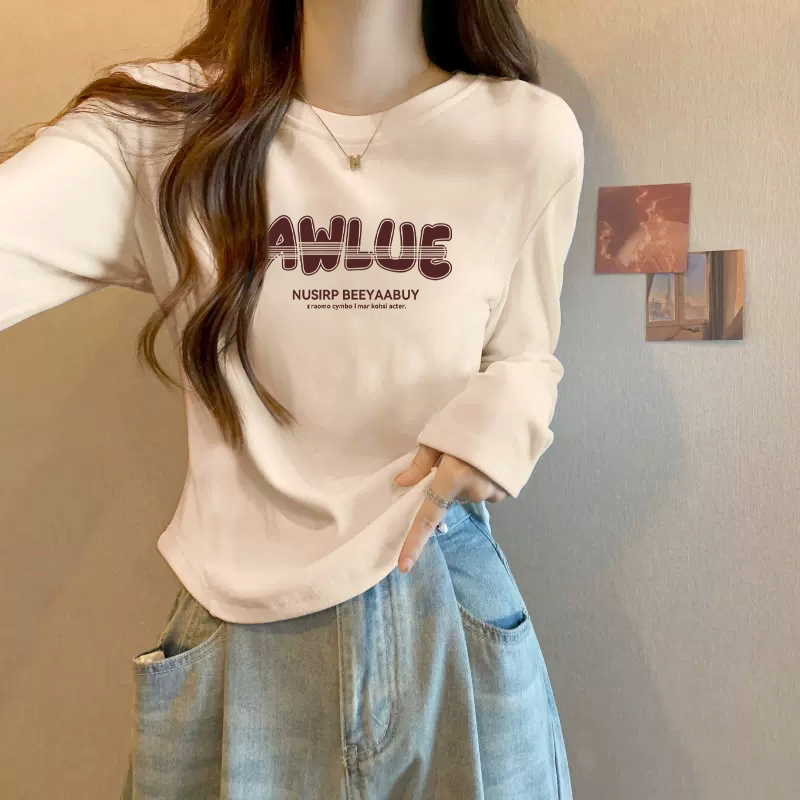 秋冬季设计感小众短款正肩修身打底衫内搭杏色纯棉长袖t恤女新款