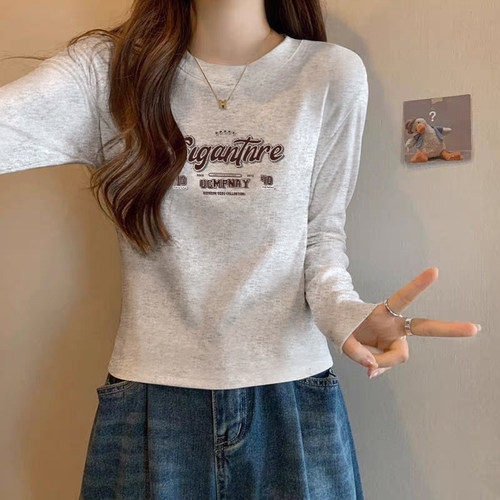 2025新款纯棉正肩长袖t恤女上衣秋冬短款修身显瘦灰色打底衫内搭