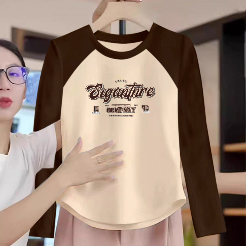 拼接棕色正肩短款纯棉长袖t恤女新款上衣修身打底衫内搭秋冬洋气