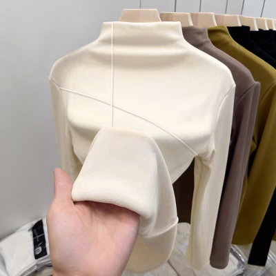 德绒加厚加绒半高领打底衫女秋冬内搭新款杏色上衣时尚洋气可外穿