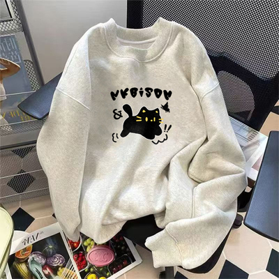 加绒灰色圆领无帽卫衣外套女秋冬新款oversize美式高街韩系慵懒风