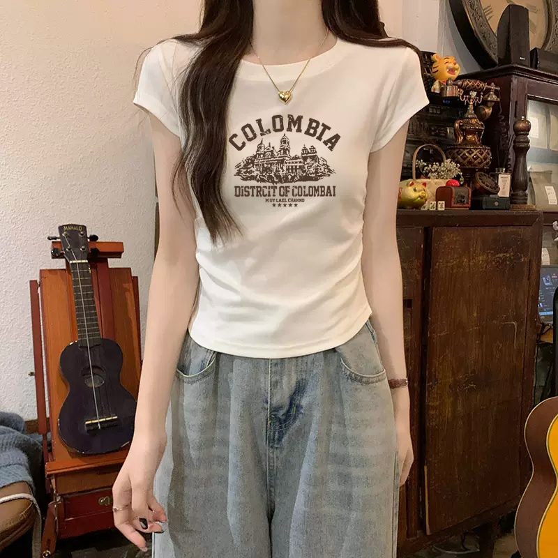 正肩白色纯棉短袖t恤女不规则短款上衣2025年夏季新款设计感小众
