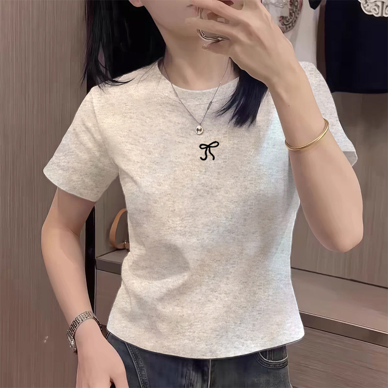 正肩灰色蝴蝶结印花纯棉小个子短款上衣短袖t恤女2026夏季新款潮