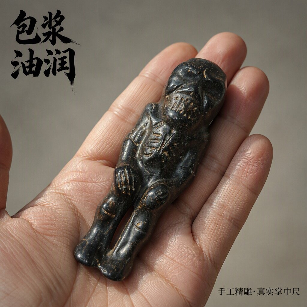 仿古做旧红山文化骷髅手把件人形玉雕文玩黑铁玉骷髅造型把玩摆件