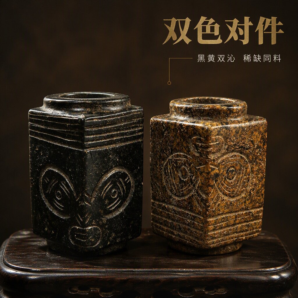 仿古铁石兽面纹玉琮勒子古法做旧琮管文玩吸磁工艺品批发