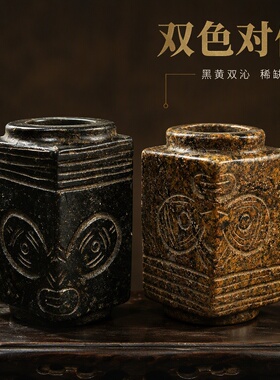 仿古铁石兽面纹玉琮勒子古法做旧琮管文玩吸磁工艺品批发