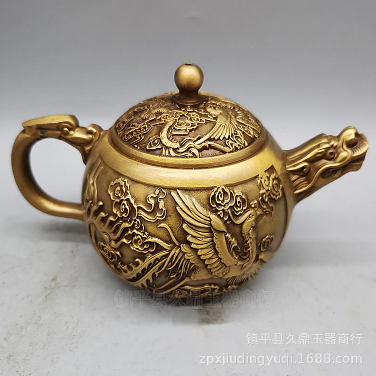 新款龙凤茶壶黄铜壶工艺品家居龙凤铜器家用复古茶具套装创意仿古