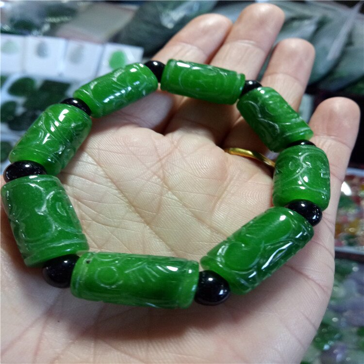 供应缅甸玉干青铁龙生桶珠手链男女款翡翠桶珠圆珠满绿手串