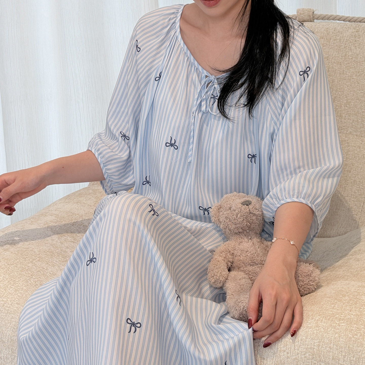 条纹带胸垫睡裙女夏季短袖圆领系带中长款宽松可外穿防凸点连衣裙
