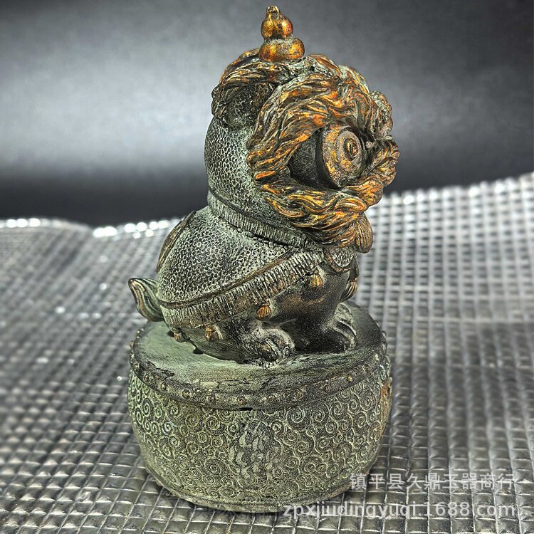 仿古中式醒狮黄铜鎏金茶宠小摆件桌面造景装饰创意青铜狮子批发