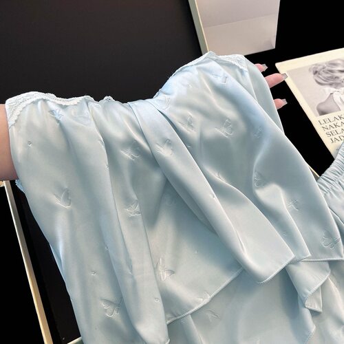 睡衣女冰丝春夏季蕾丝吊带短裤两件套精致带胸垫家居服套装花边