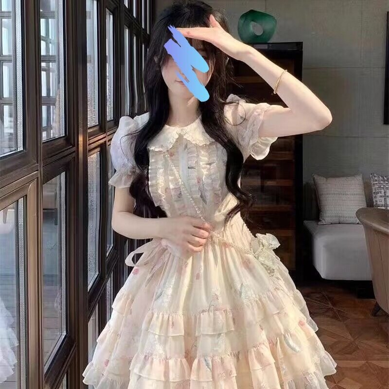 娃娃领甜美可爱小清新连衣裙夏季初中高中学生洛丽塔碎花公主裙子