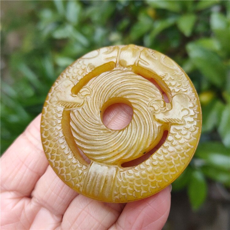 古玩杂项仿古工艺品岫玉双面二龙戏珠圆环环挂件吊坠