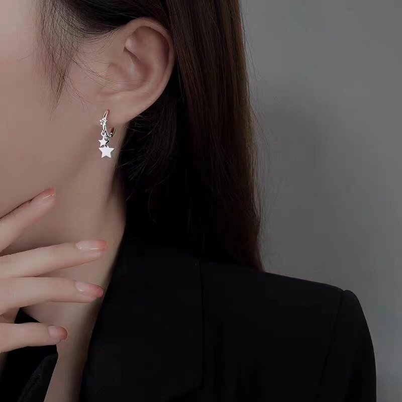 足银999双层镶钻星星耳环女轻奢高级感耳扣ins小众百搭五角星耳饰