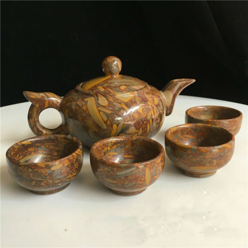 天然女娲石七彩石茶具竹叶青玉石功夫茶具套装送盒子多种款式