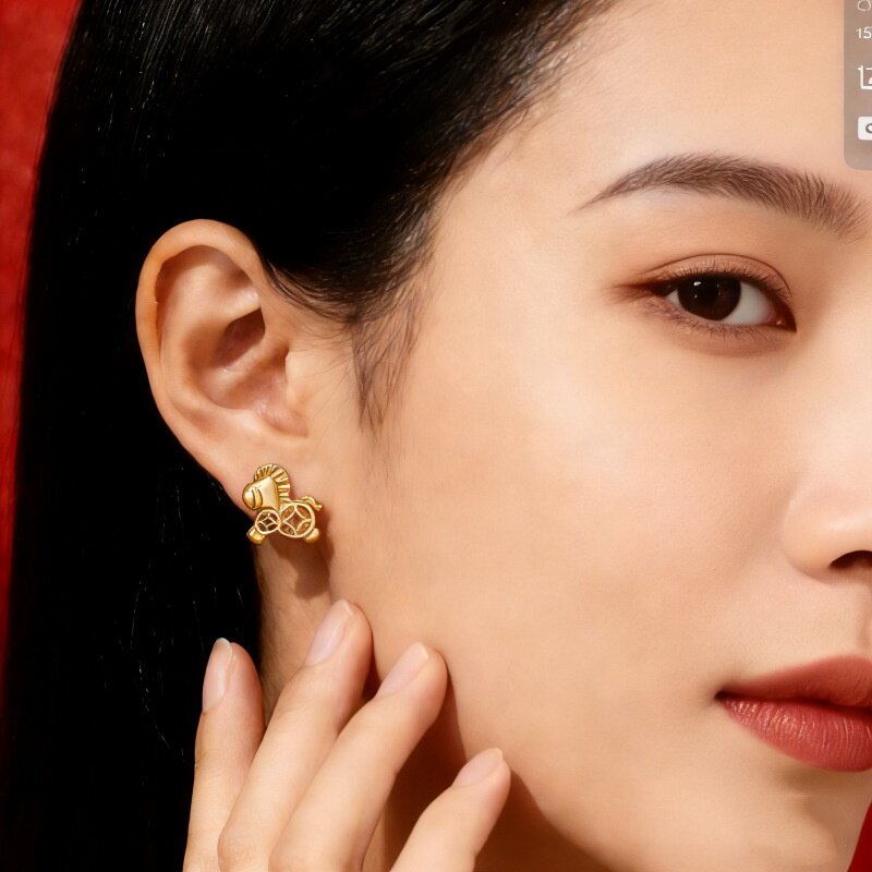 原创足银999钱币小马耳钉女ins小众新中式耳环本命年马年耳饰批发