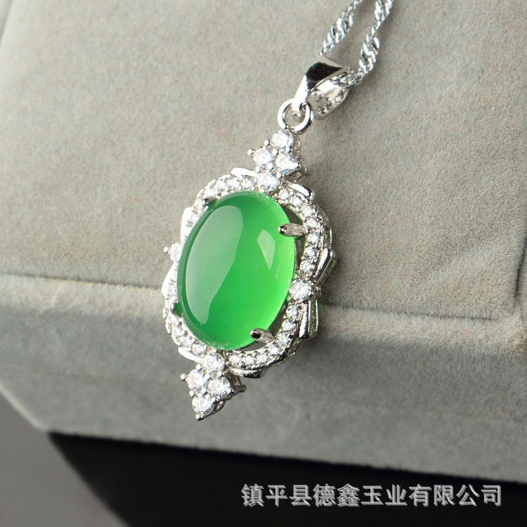 绿玉髓镶嵌吊坠 925银镶绿玉髓 大蛋面镶嵌饰品 直播货源
