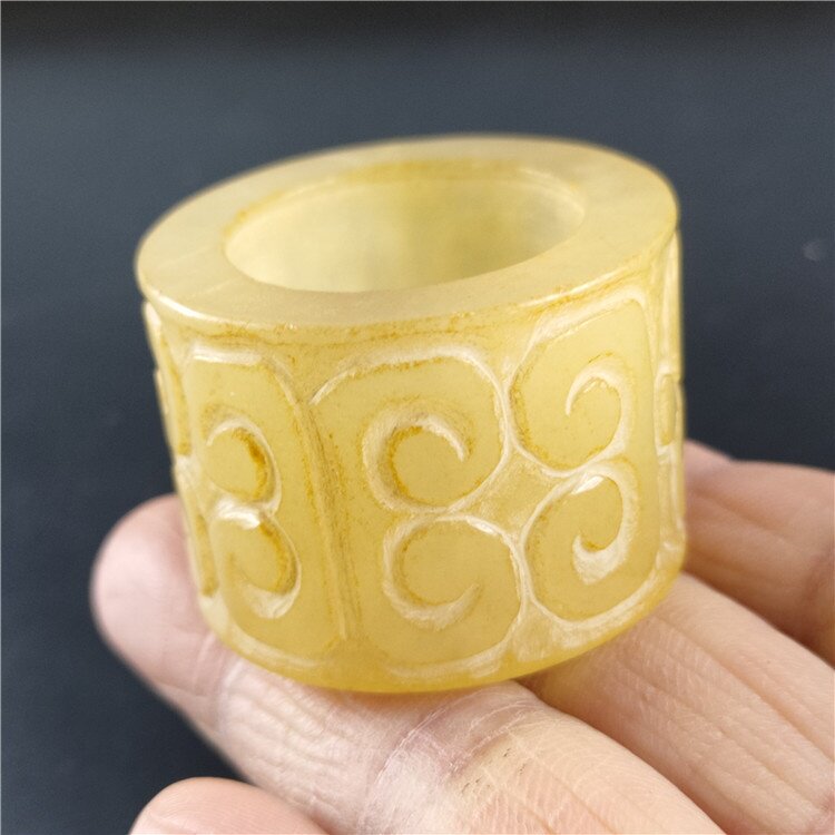古玩玉器仿古做旧岫玉工艺品雕花男款扳指批发