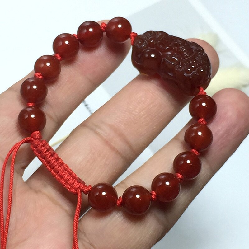 玉石红玛瑙金钱貔貅搭配红玛瑙圆珠单圈编制手串男女款手链批发