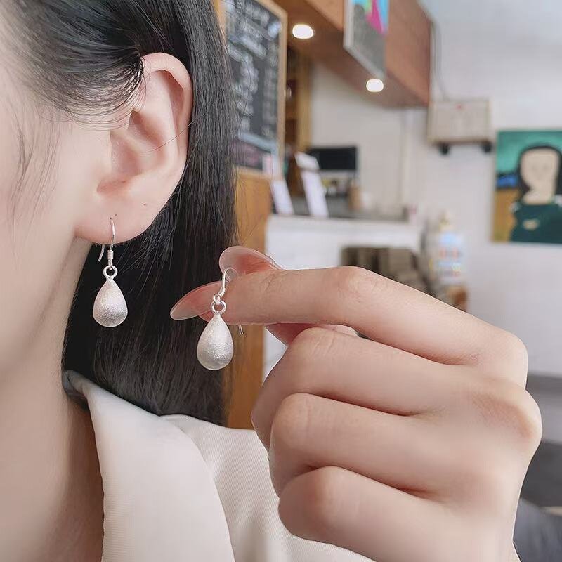 999纯银耳坠女短款超仙轻奢高级感拉丝水滴耳钩小众简约气质耳环