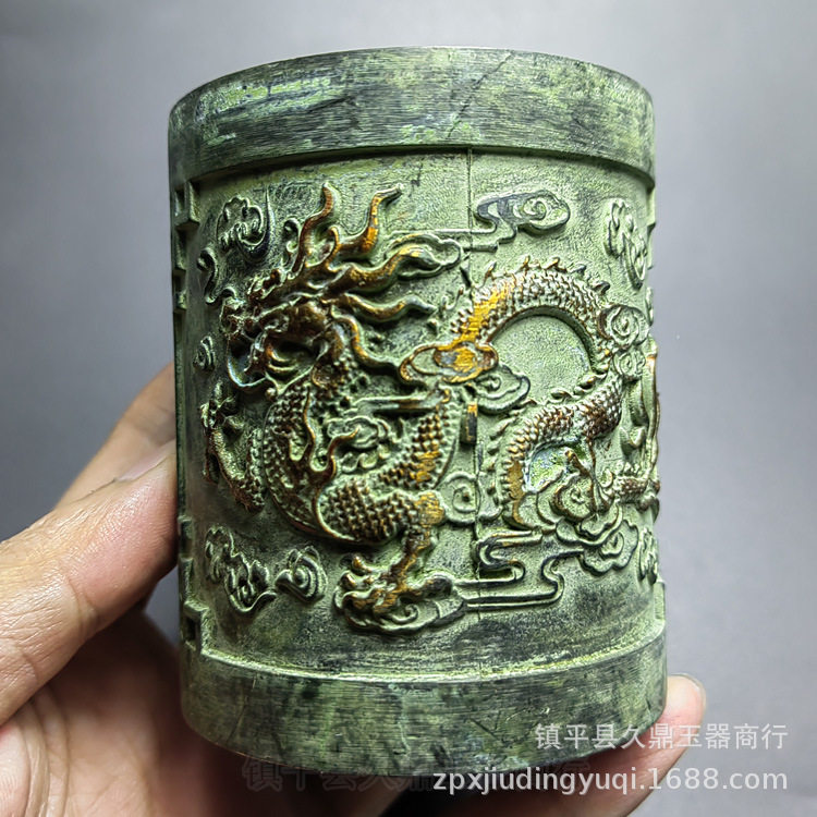 古玩杂项仿古铜器青铜鎏金龙凤笔筒摆件批发 青铜书房居家摆件