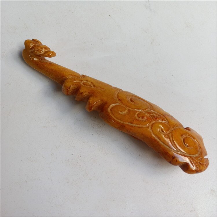 古玩杂项古岫玉做旧工艺品复古雕花高古玉龙勾手把件摆件批发