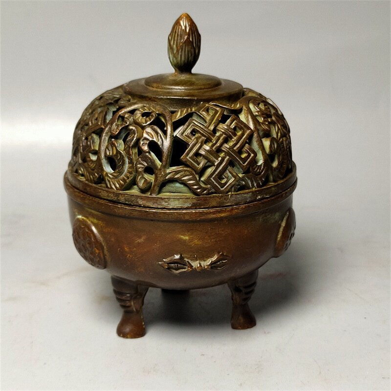 古玩杂项仿古做旧合金工艺品三足镂空八宝熏香炉莲花功夫香炉摆件