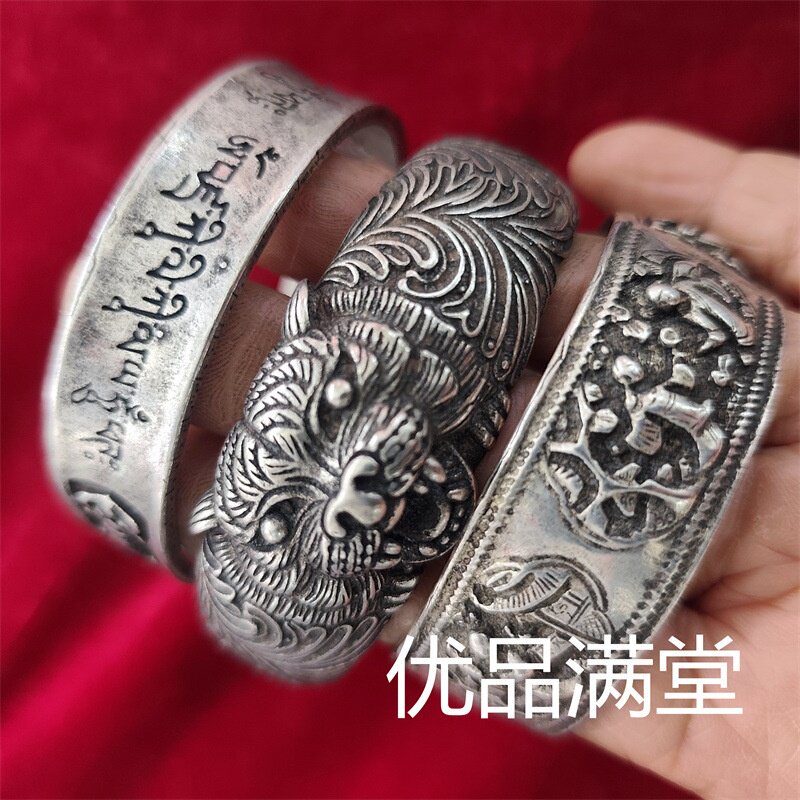 复古民族风苗银白铜手镯个性开口宽手环新中式古风手工银饰雕花手