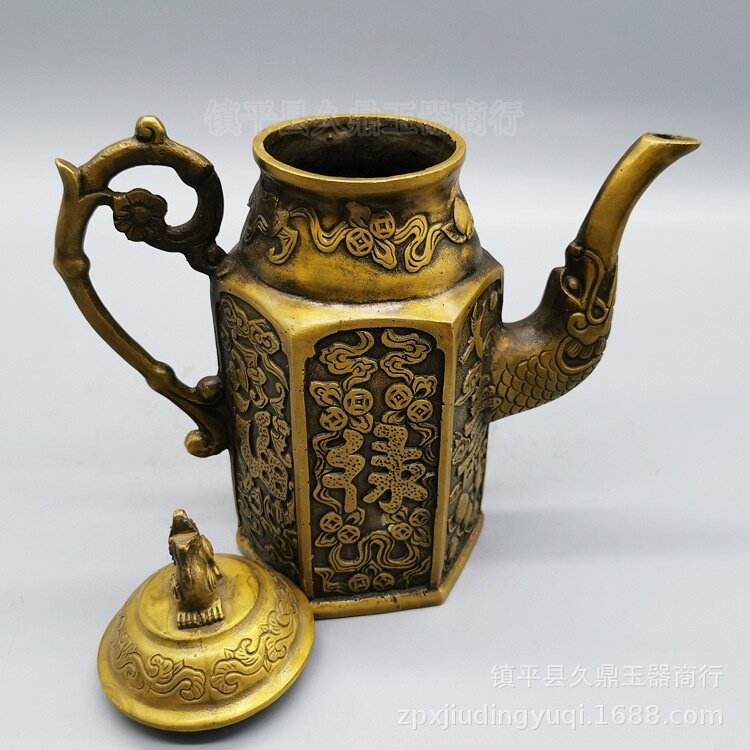 老铜器福禄寿茶壶批发 黄铜壶做旧家居办公铜器家用复古茶具仿古