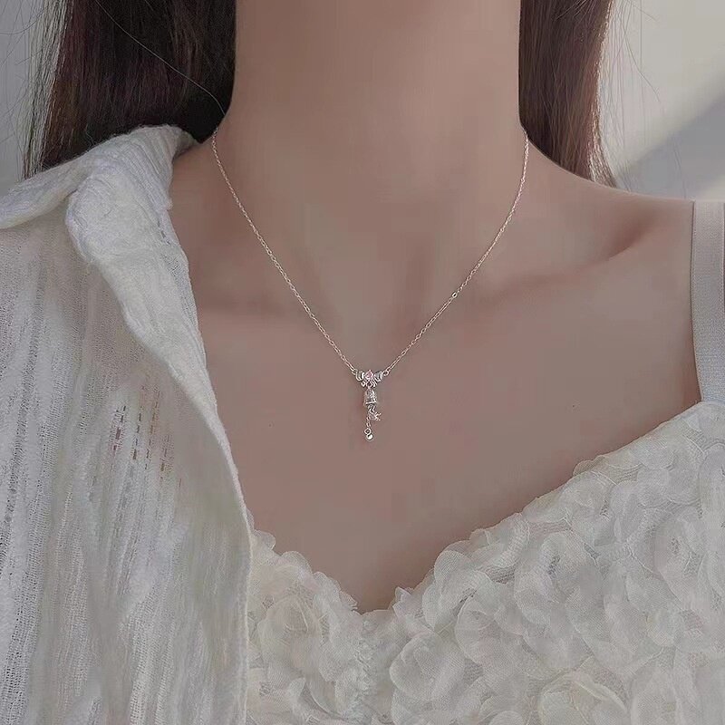S999纯银蝴蝶结风铃项链女轻奢小众高级锁骨链铃铛足银配饰批发