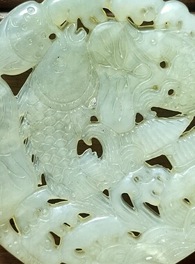 古玩杂项仿古做旧工艺品岫玉雕刻镂空仿明清连年有余玉璧摆件腰挂