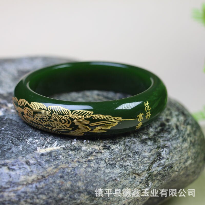 外蒙料碧玉白玉描金雕花手镯花开富贵金玉满堂羊脂白玉菠菜绿玉镯