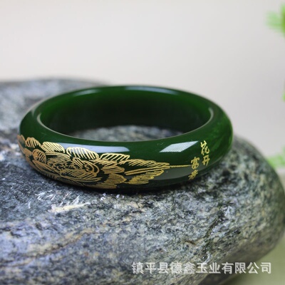 外蒙料碧玉白玉描金雕花手镯花开富贵金玉满堂羊脂白玉菠菜绿玉镯