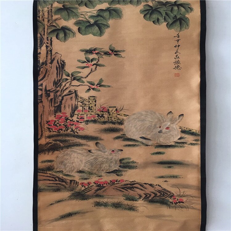 古玩字画复古做旧工艺品中堂画兔子图已装裱室内装饰画批发