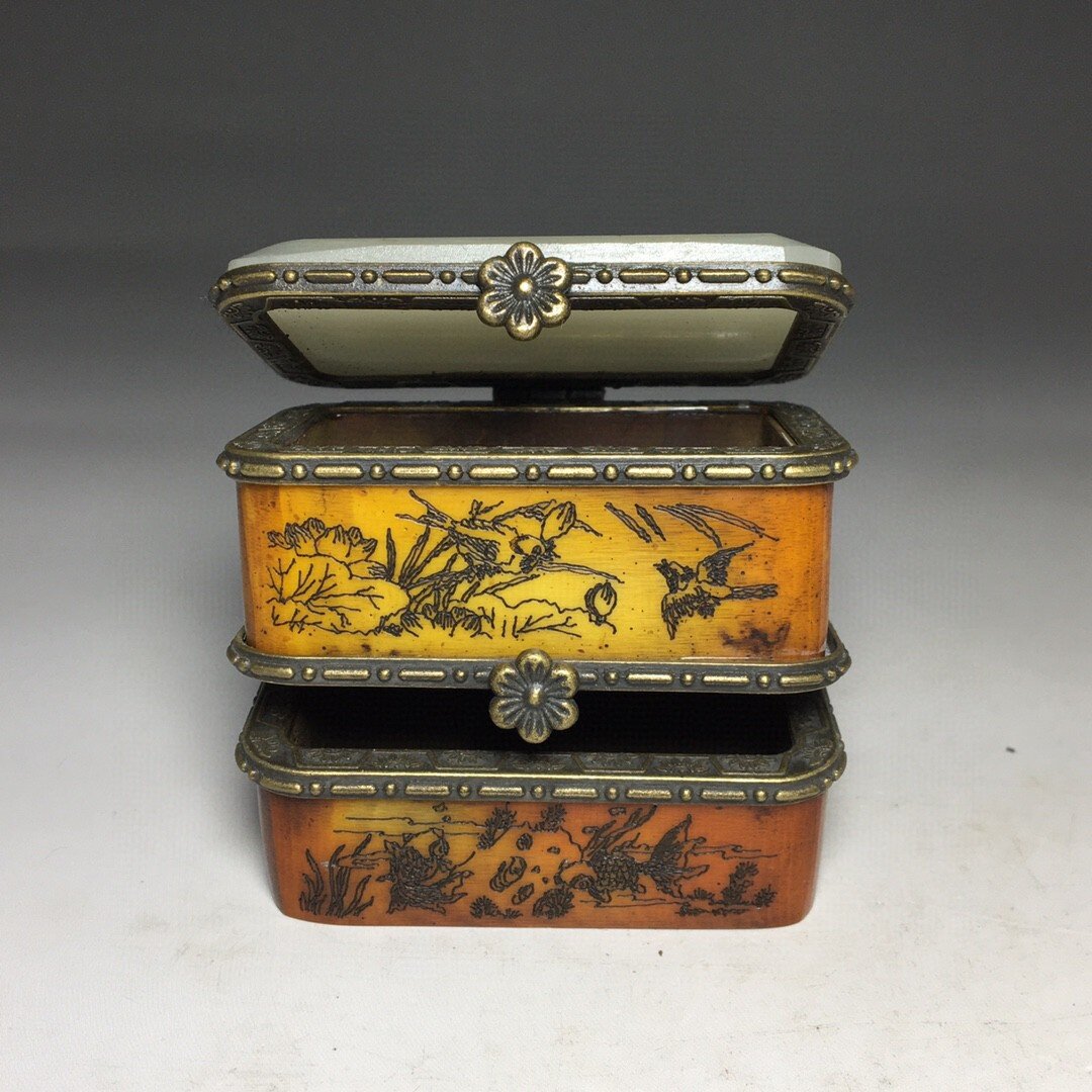古玩杂项仿古工艺品牛骨镶嵌汉白玉复古骨雕双层多款首饰盒