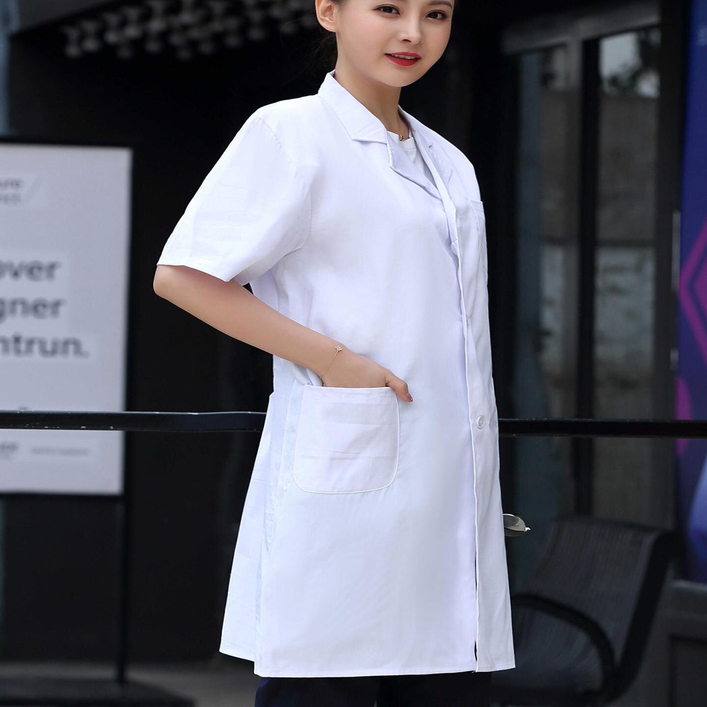 白大褂长袖医生服男女夏护士服短袖韩版修身美容院工作实验服