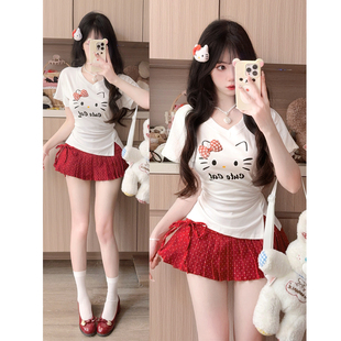 T恤女可爱减龄修身 显瘦正肩上衣夏 Kitty卡通印花短袖 甜妹风Hello
