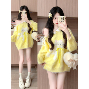 秋冬甜美软妹糖果色可爱猫咪提花中长款 毛衣软糯减龄奶乖保暖上衣