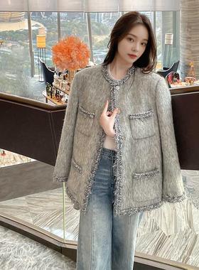 灰色秋冬夹棉高级感呢子大衣气质新款2025法式名媛香风毛呢外套女