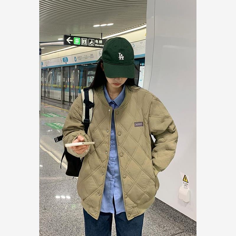 菱形格棉衣女2025冬季新款情侣棒球棉服oversize外套加厚韩系棉袄