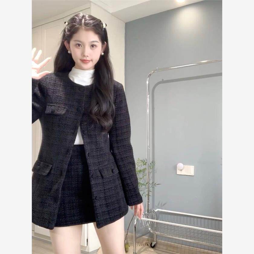 气质小香风套装女秋冬新款中长款收腰外套韩版显瘦半身裙两件套女