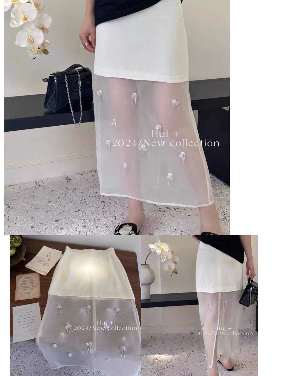Hui+欧洲站2024春夏新款 设计师小众高腰拼接立体花朵透视半身裙