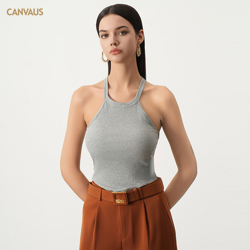CANVAUS夏装新款带胸垫露背修身抹胸弧形下摆无袖挂脖吊带背心女